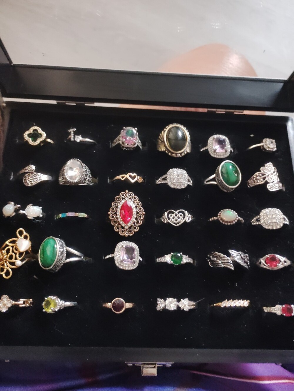 Silver-Tone Green Oval Gemstone Statement Ring - Unbranded